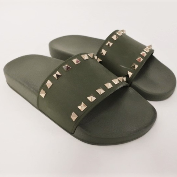 Valentino Shoes - Valentino Rockstud Pool Slide Sandals Olive